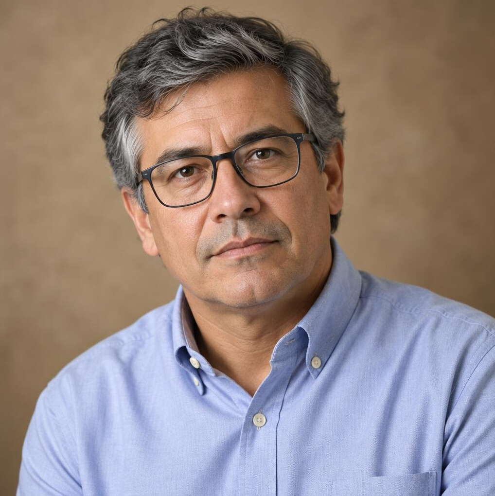 Studio portrait of a Hispanic man journalist in his 50s